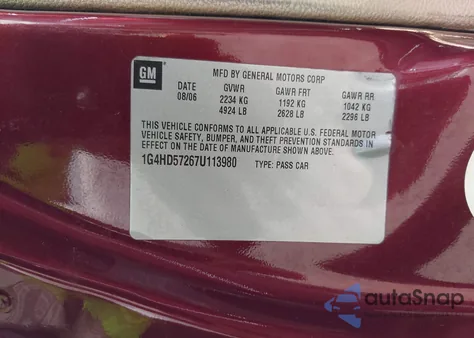 2007 Buick Lucerne Cxl z USA, uszkodzony, nr VIN 1G4HD57267U113980